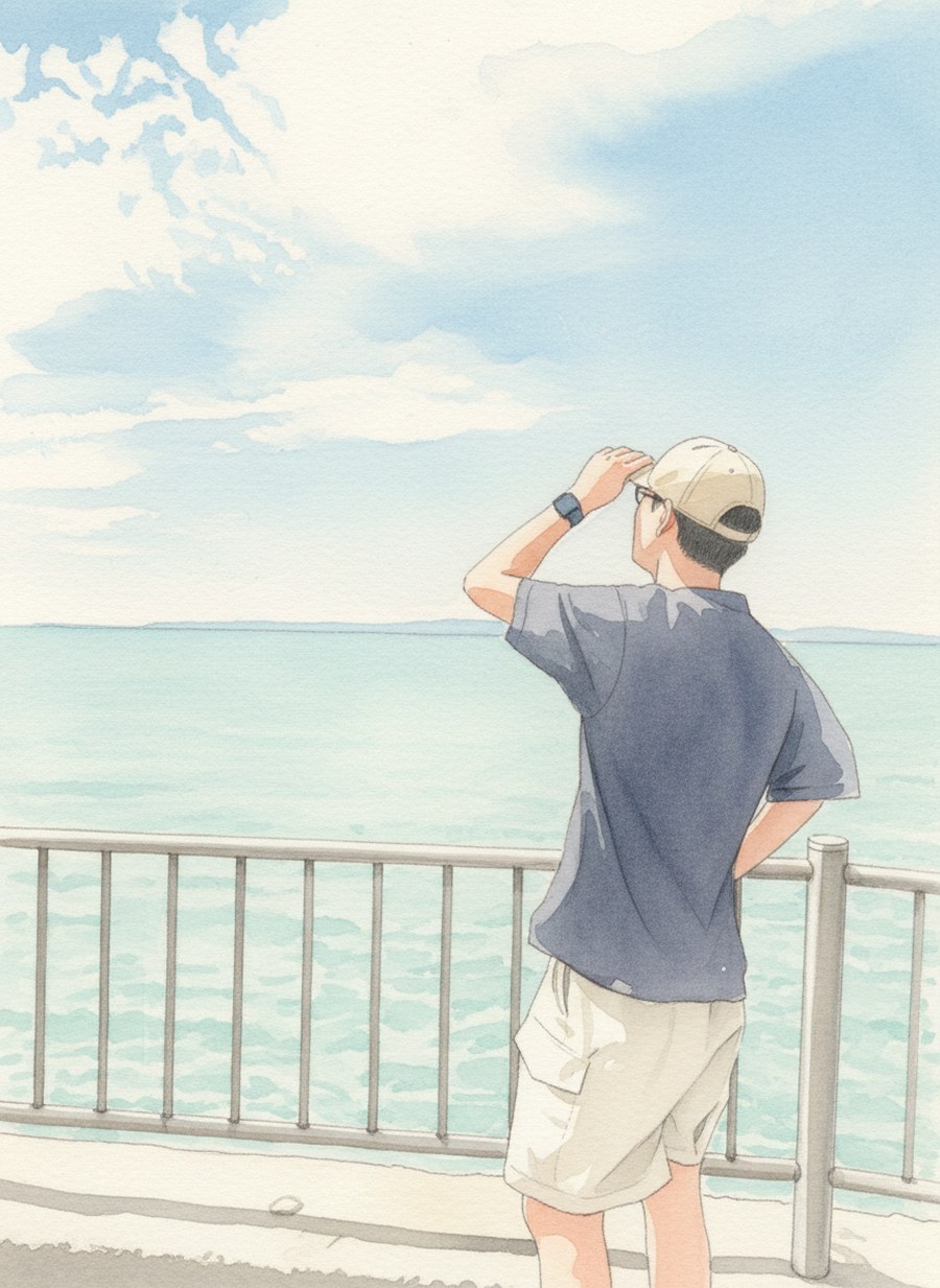 海辺の柵ぎわに立ち、帽子のつばに手をそえて遠くの海を見ているリクの後ろ姿のイラスト