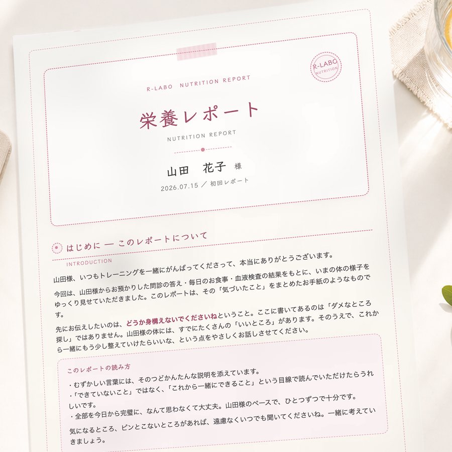 栄養レポートの表紙。「栄養レポート／NUTRITION REPORT」とお名前、はじめに ― このレポートについて、が載っている